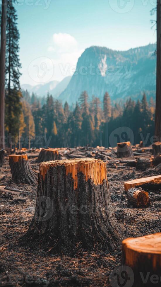 Scattered tree stumps across cleared valley floor , wallpaper photo