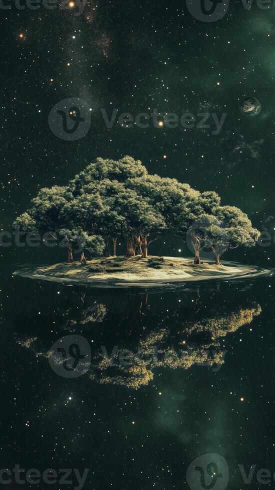 Trees grow from the edges of islands into space , wallpaper art photo