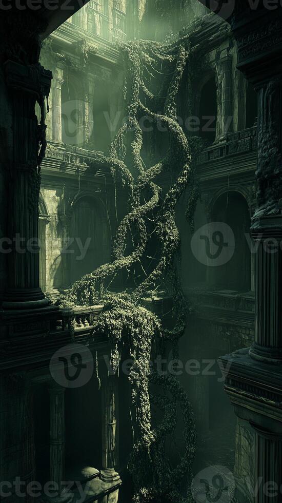 Vines twisting through ruins into caverns , wallpaper photo