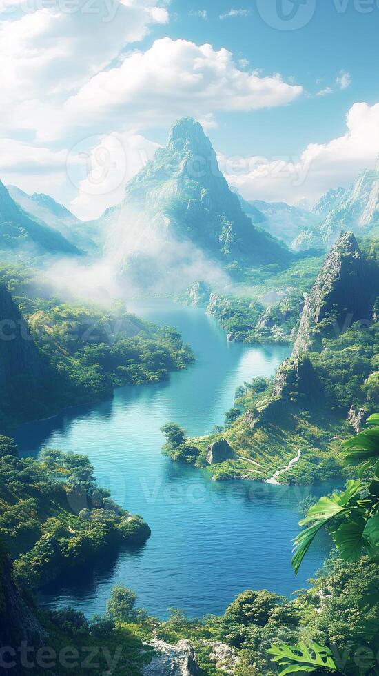 Water flows around bend toward distant mountains , wallpaper art photo