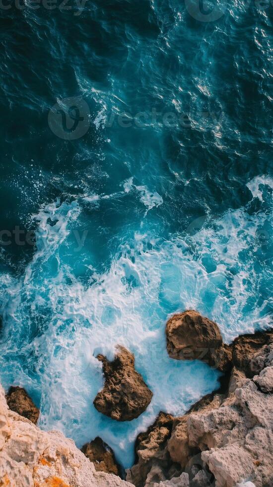 Water spraying from a cliff face toward a basin below , wallpaper art photo