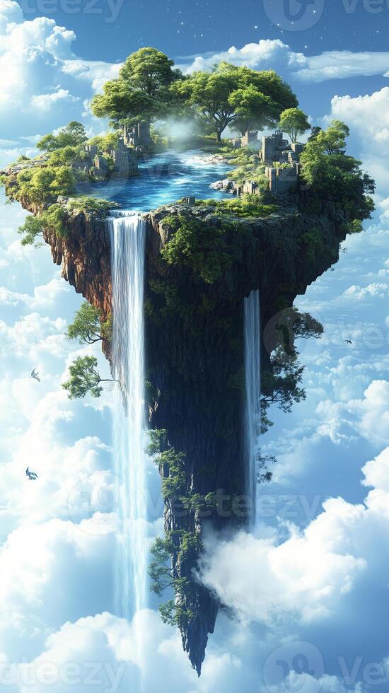 Waterfalls pouring from floating rocks into chasms , wallpaper art photo
