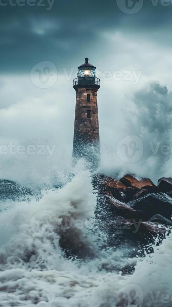 Waves breaking against rocks near a lighthouse tower , wallpaper photo