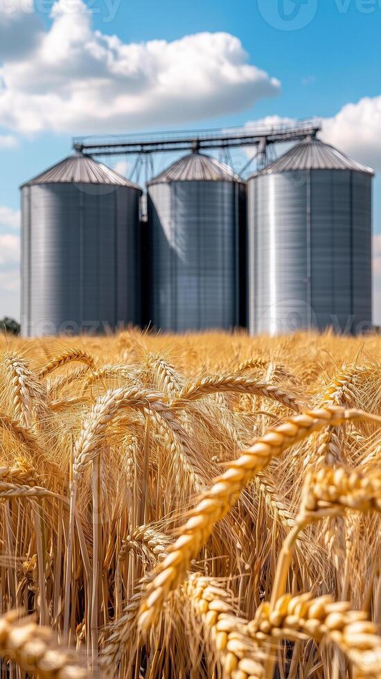 Wheat stalks bending in rows towards storage silos , wallpaper photo