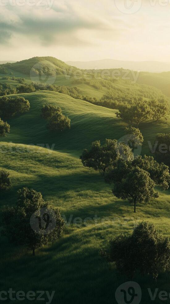 Grassland dotted with trees stretching toward distant ridgeline , photorealistic photo