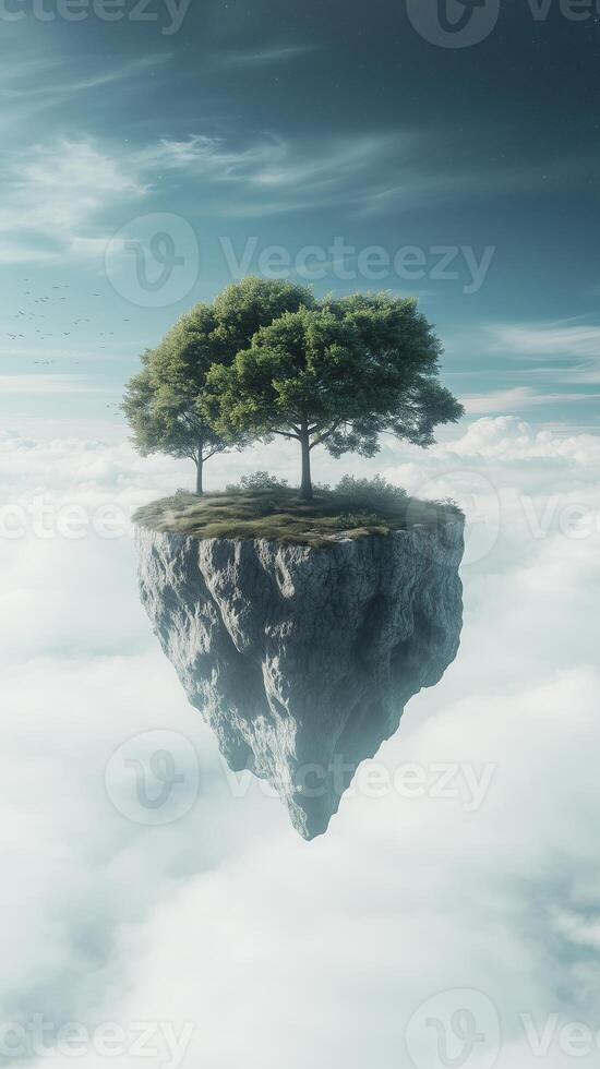 Trees grow from the edges of islands into space , photorealistic wallpaper photo