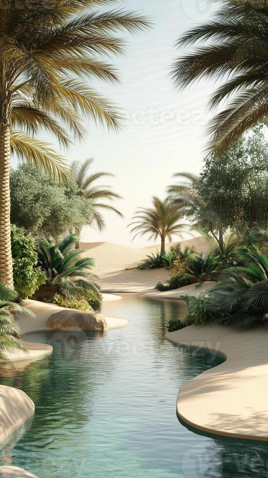 Water channels flowing through desert gardens near palm groves , photorealistic wallpaper photo