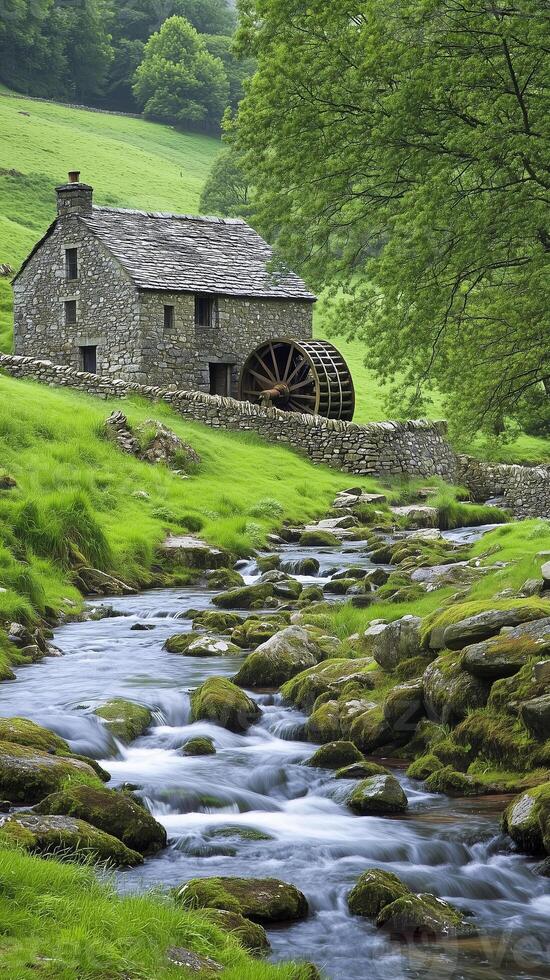Water wheels turn beside stone mills near streams in the countryside , photorealistic photo