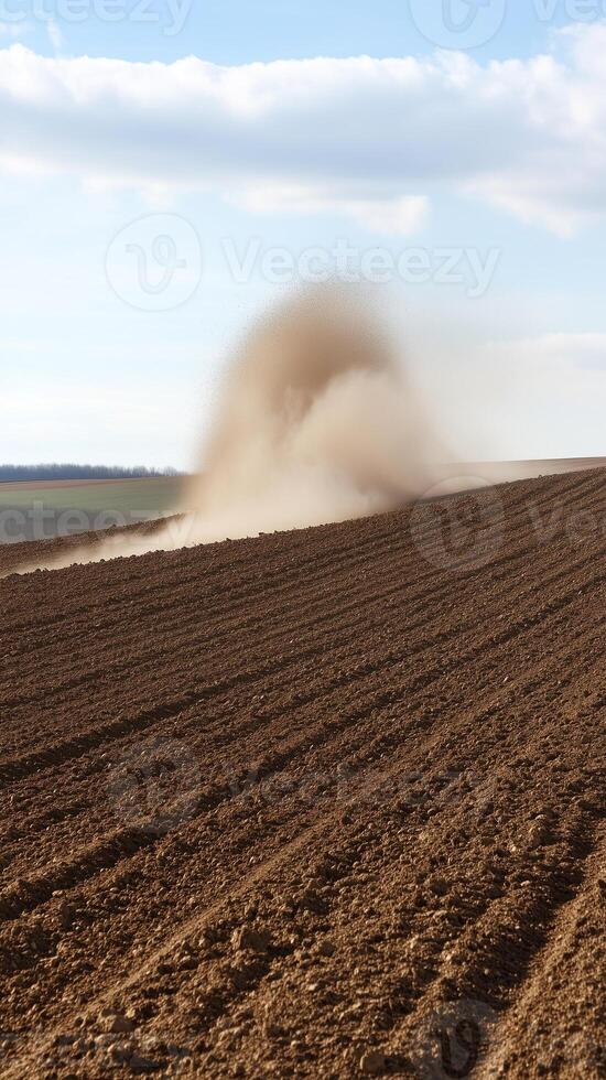 Wind creates dust devils across barren crop fields , photorealistic photo