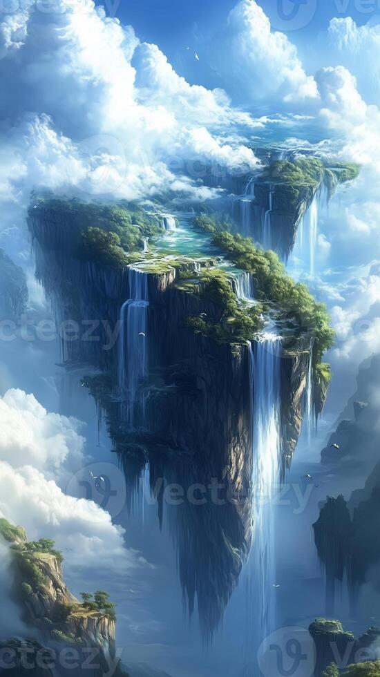 Waterfalls pouring from floating rocks into chasms , photorealistic photo