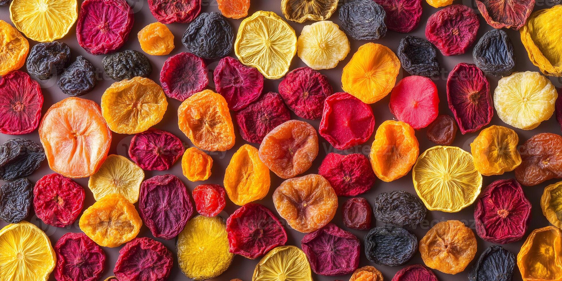 Close-up of various dried fruits displayed in a random pattern, food photography photo