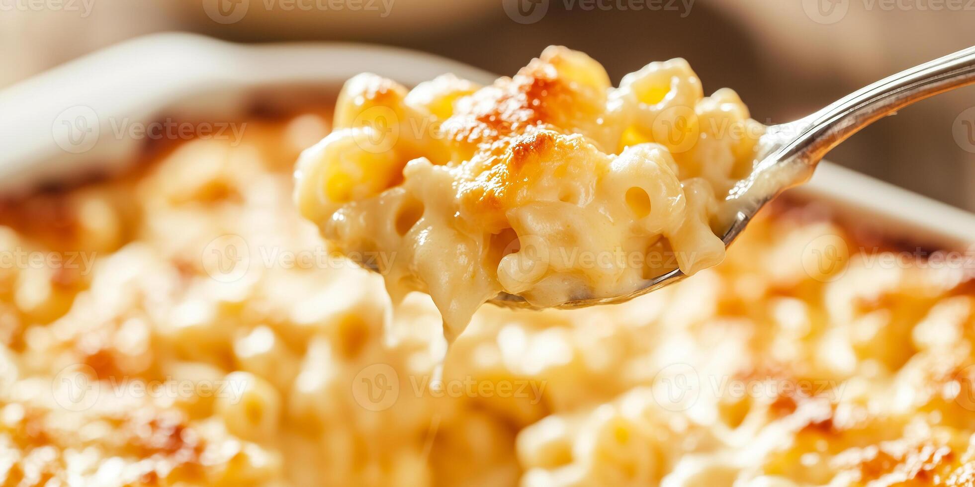 Close-up of a spoonful of mac and cheese lifted from dish, photorealistic food photo