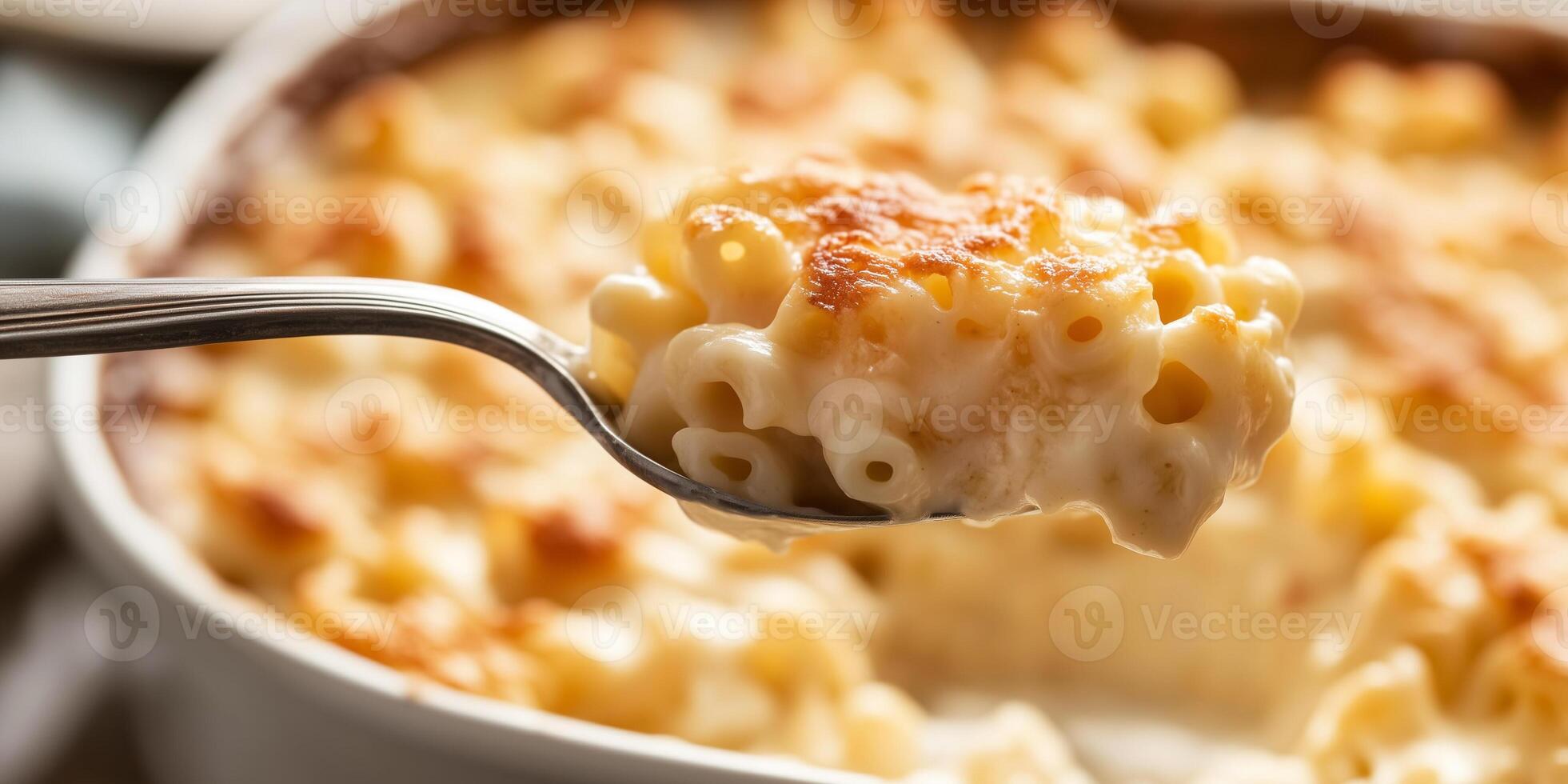 Close-up of a spoonful of mac and cheese lifted from dish, food setting photo