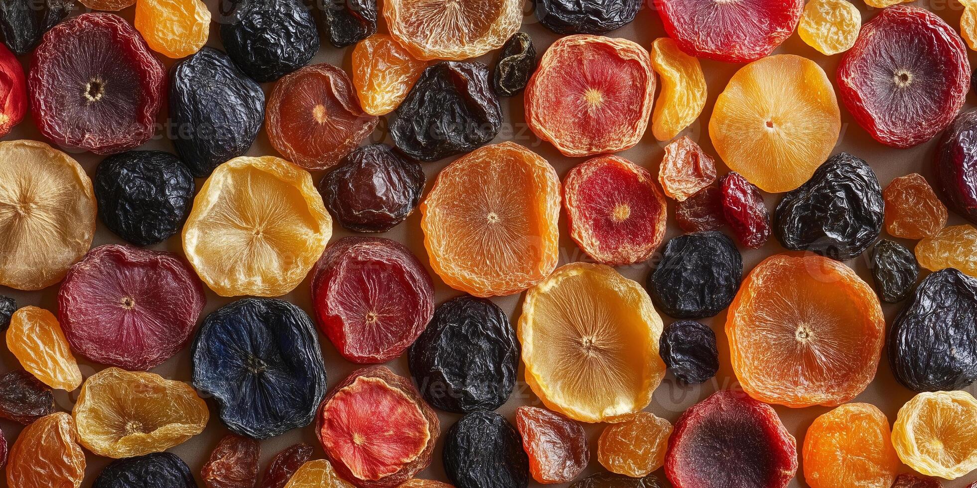 Close-up of various dried fruits displayed in a random pattern, meal photography photo