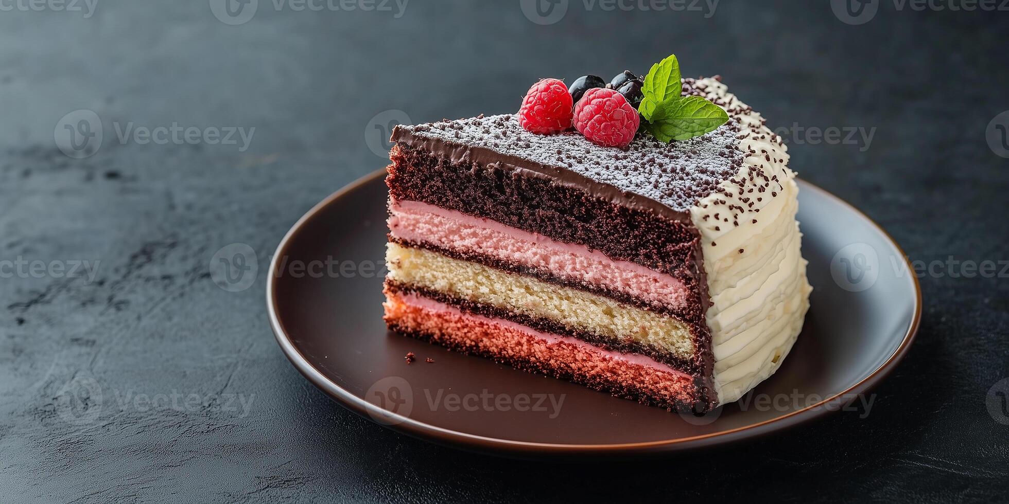 Multi-layer cake on a flat plate with minimal decoration, food photography photo