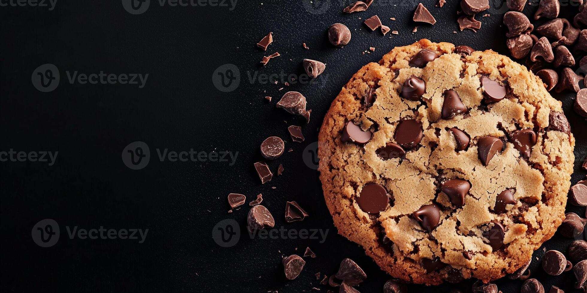 Chocolate chip cookie close-up showing its texture and embedded chocolate chips, culinary photography photo