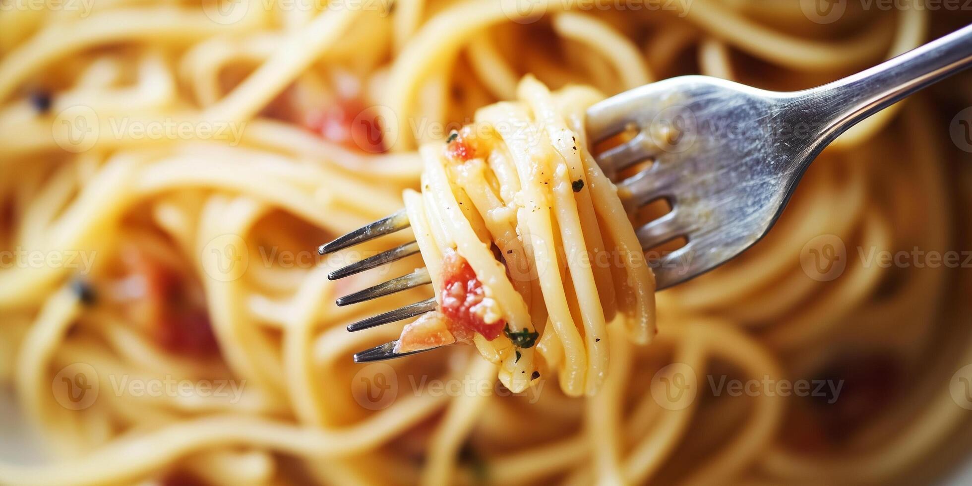 Close-up of a forkful of spaghetti carbonara with visible pasta strands and sauce, culinary photography photo