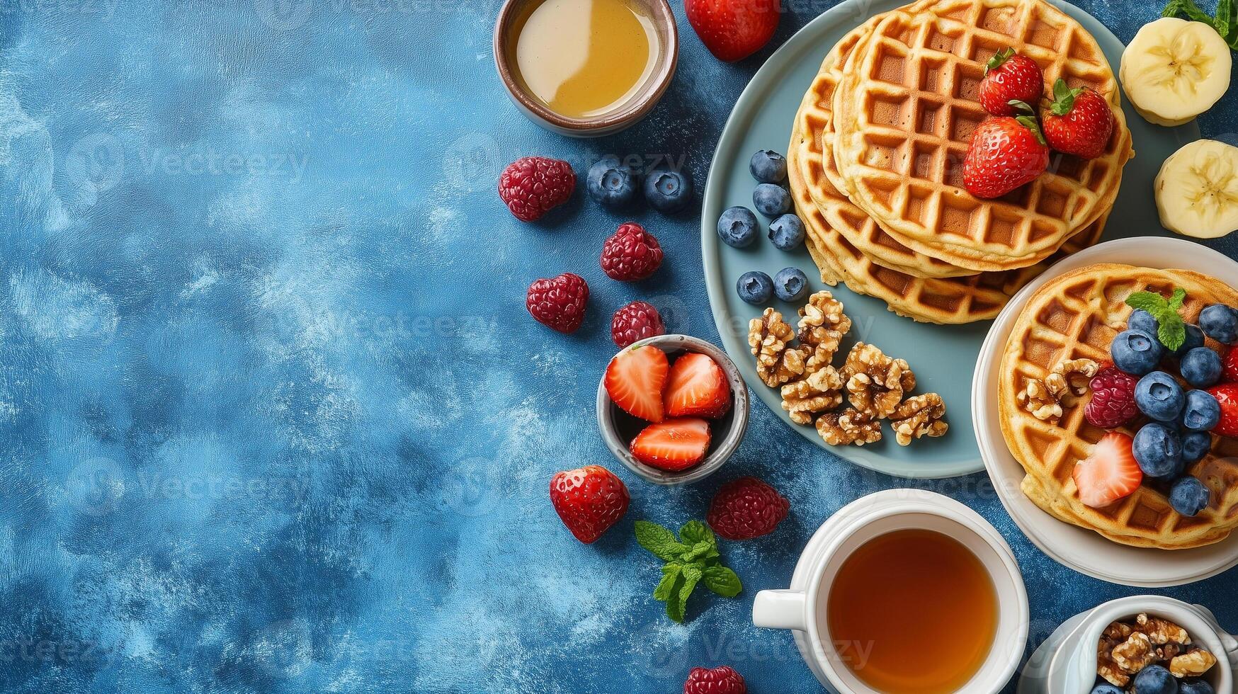 Gluten-free breakfast setup with pancakes and waffles on separate dishes, food photography photo