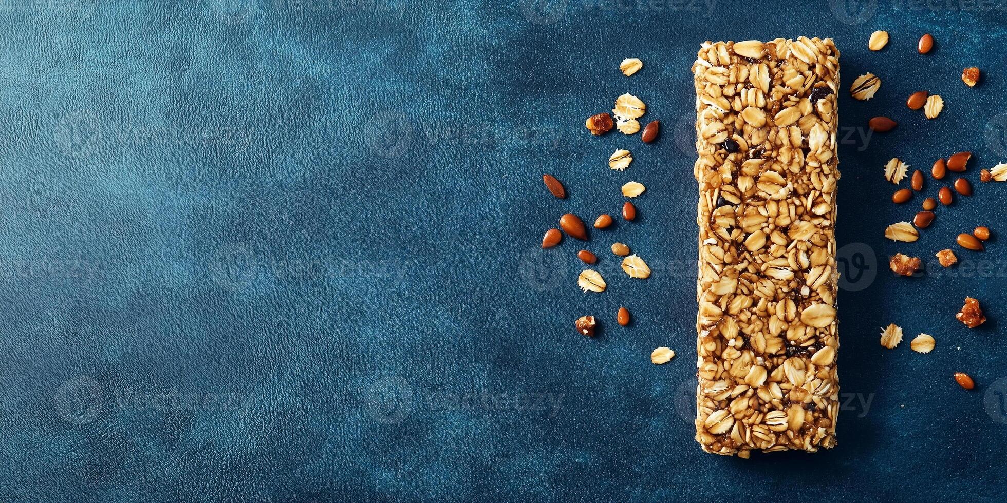 Granola bar on a flat surface with visible grains and seeds, food photography photo
