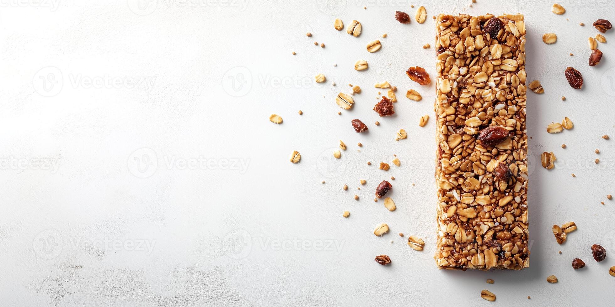 Granola bar on a flat surface with visible grains and seeds, culinary photography photo