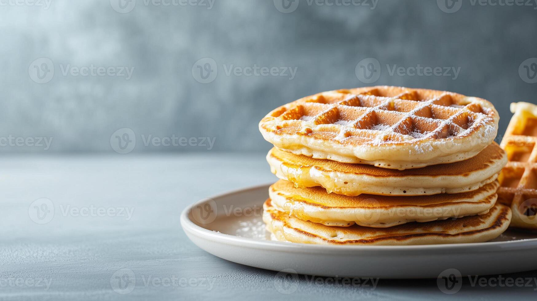Three stacked pancakes next to two stacked waffles on separate plates, food photography photo