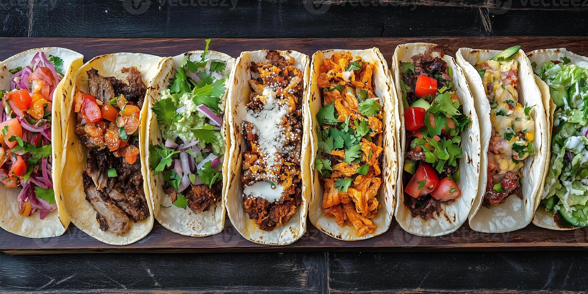 Plate of tacos with different fillings, arranged in a row, with garnishes on top, food photography photo