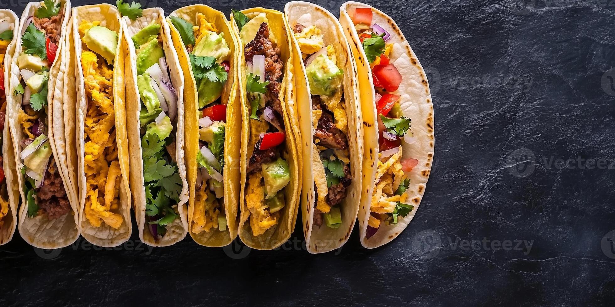 Plate of tacos with neatly folded tortillas, filled with various ingredients, arranged in a row, culinary photography photo
