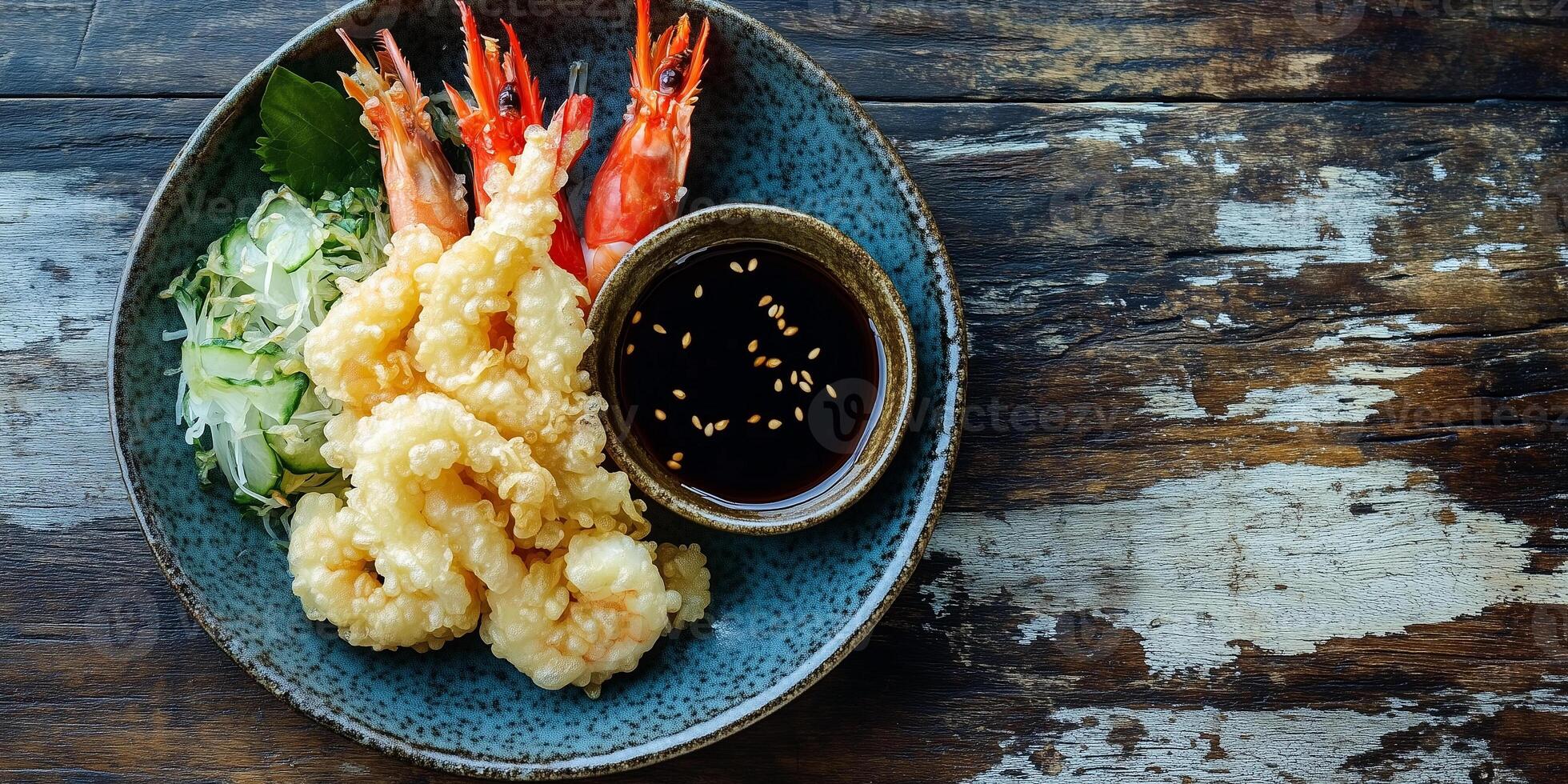 Plate of tempura vegetables and shrimp with dipping sauce, food photography photo