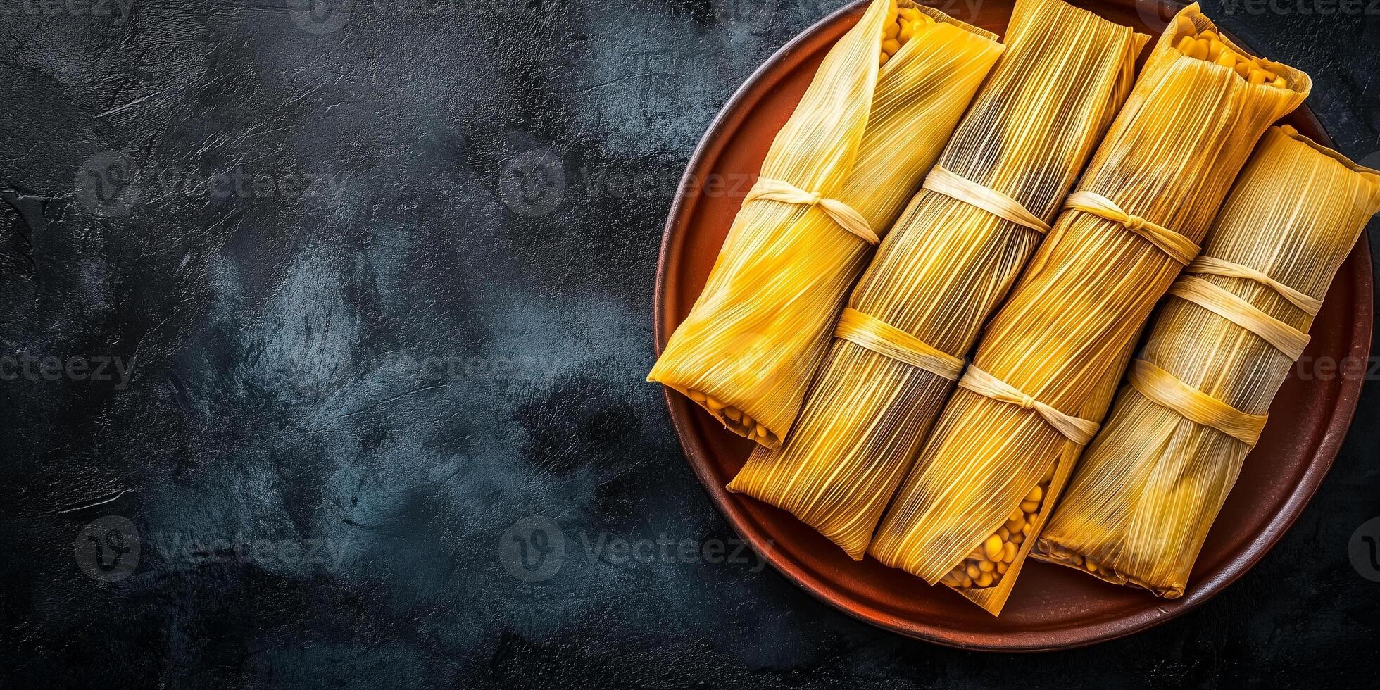 Plate of tamales with neatly wrapped corn husks, arranged side by side on a round dish, food photography photo