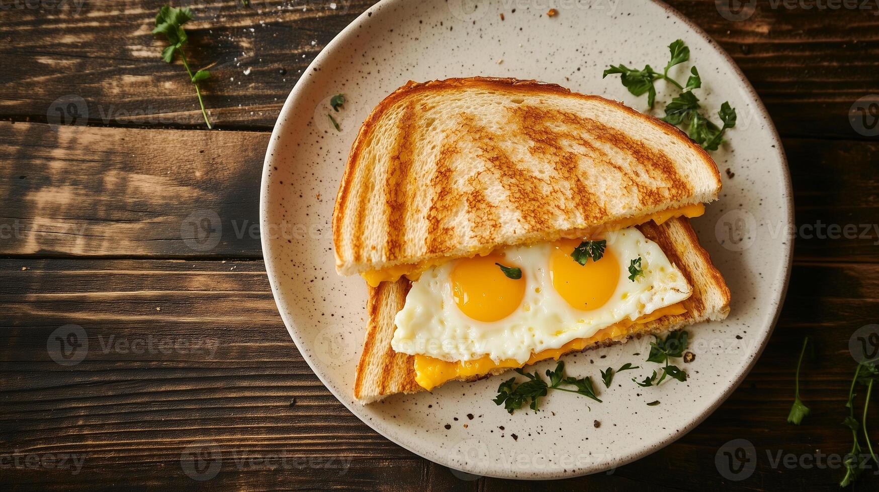 Sandwich cut in half displaying egg and cheese on a plate, culinary photography photo