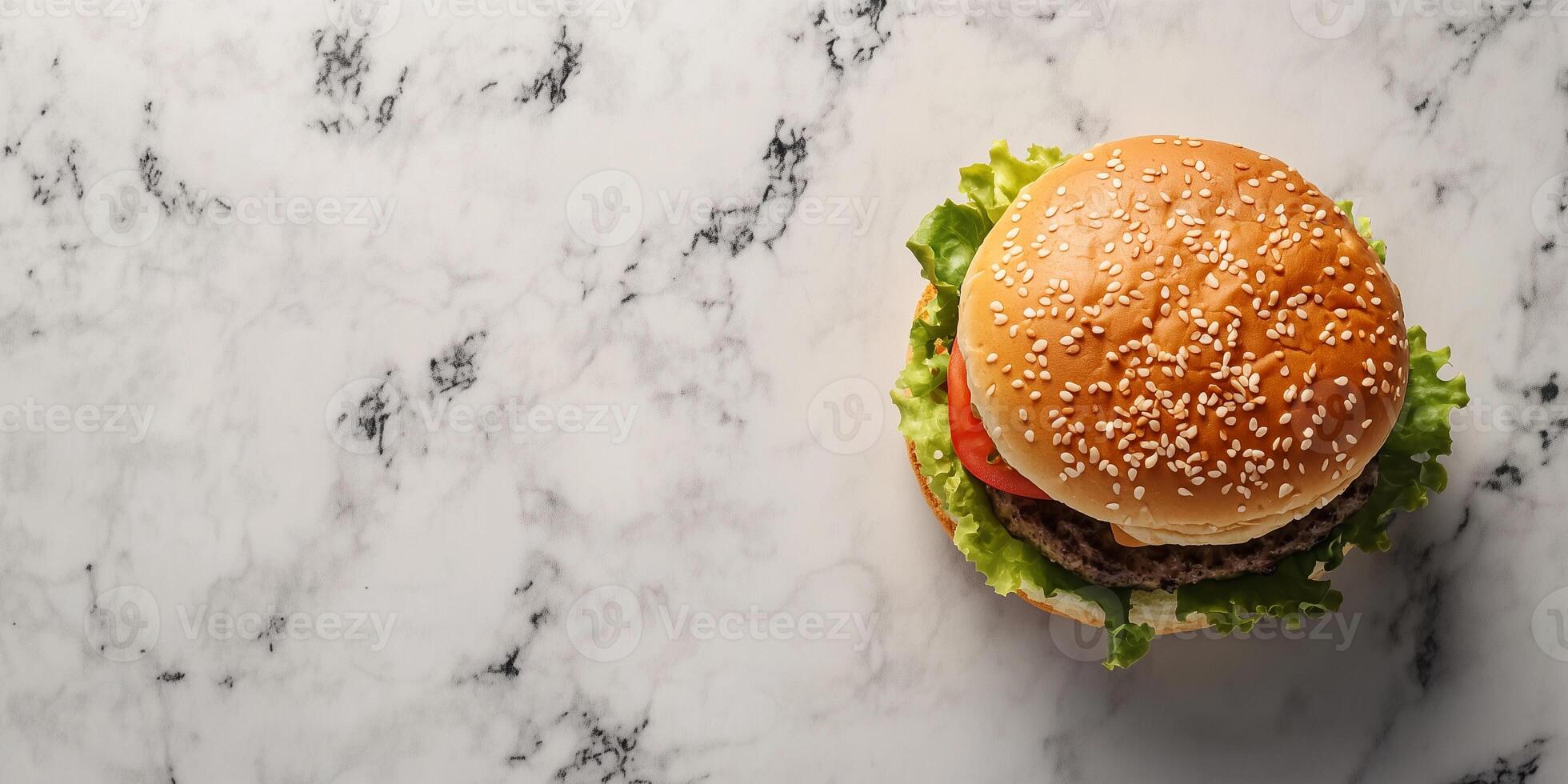 Single assembled burger on a clean flat surface, culinary photography photo