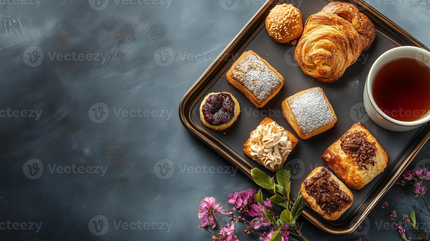 Selection of pastries arranged on a ceramic tray next to a cup of tea, culinary photography photo