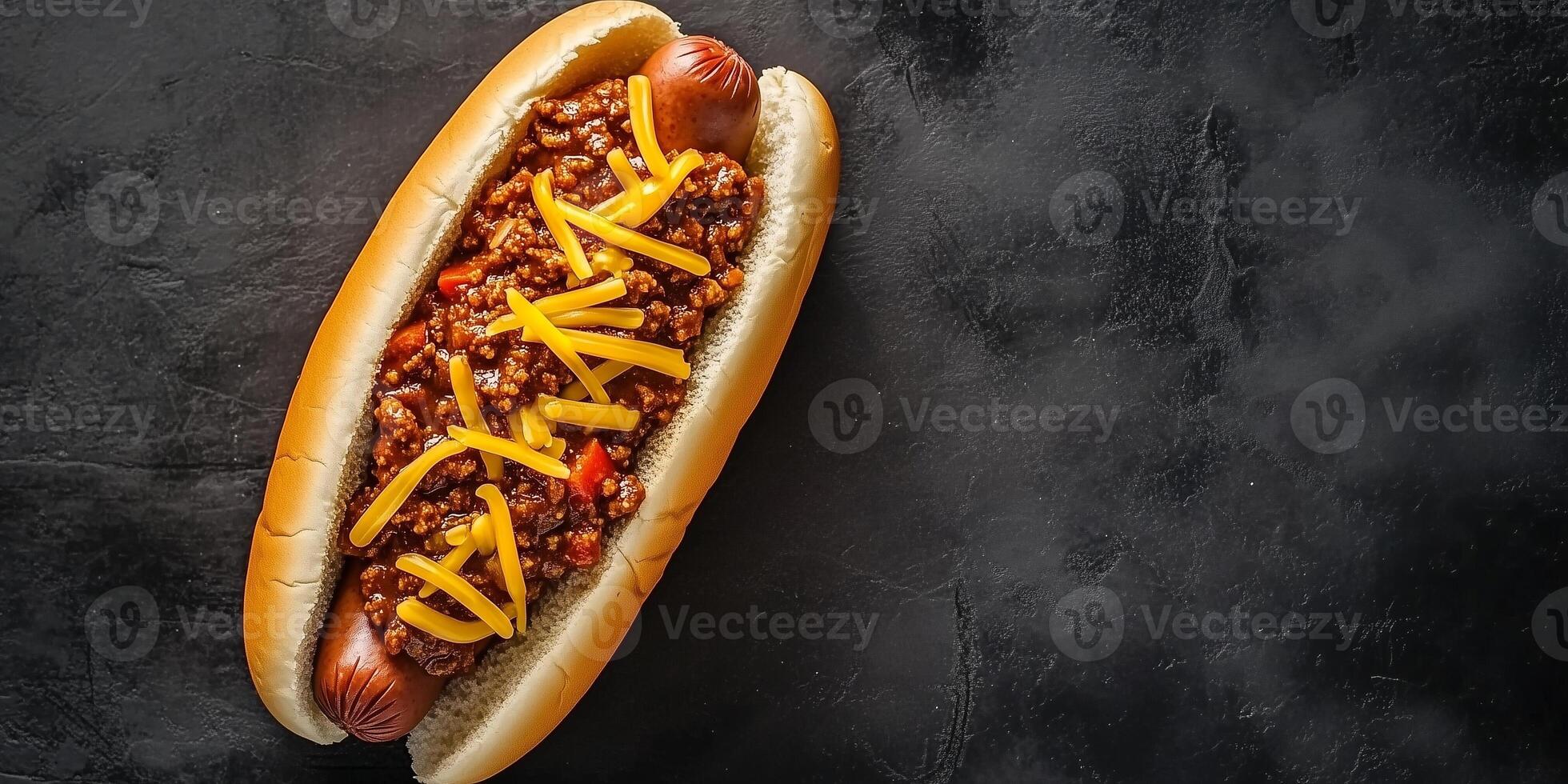 Single chili dog with chili and cheese on top, food photography photo