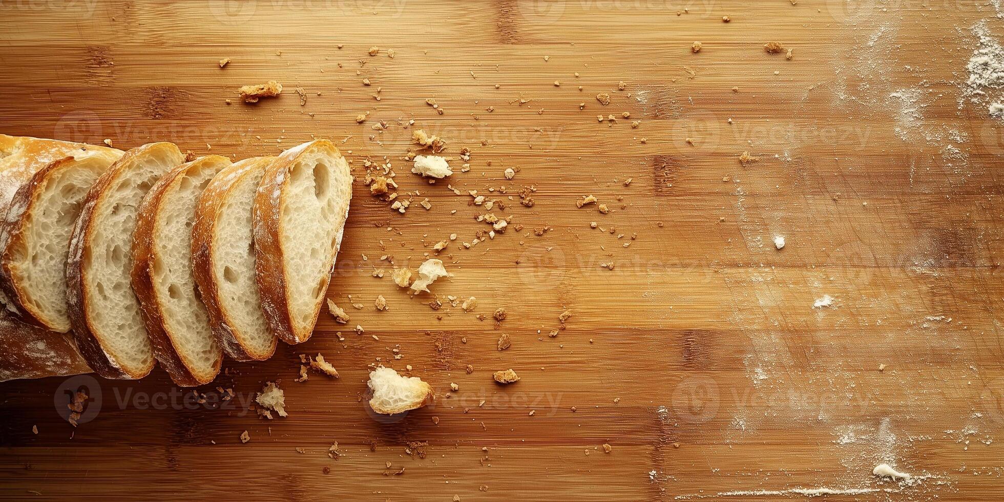 Sliced baguette displayed on wooden cutting board with crumbs scattered, culinary photography photo