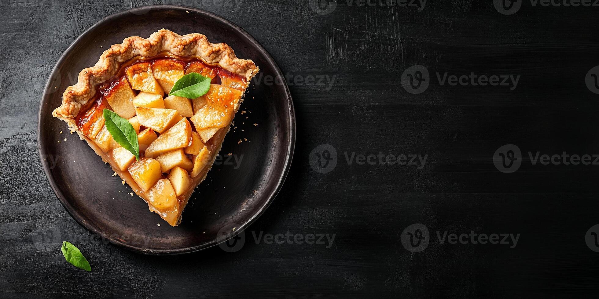 Slice of pie revealing layers of baked apples within a firm, flaky crust, culinary photography photo