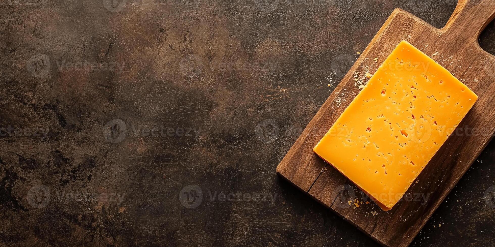 Top view of a cheddar cheese block on a wooden cutting board with crumbs, culinary photography photo