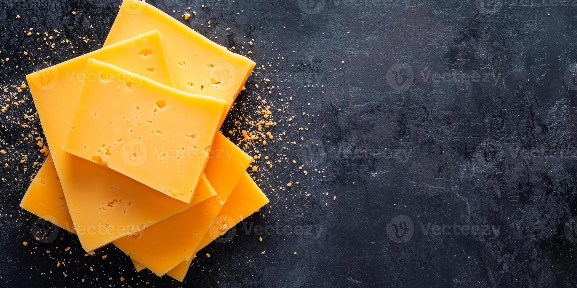 Top view of cheddar cheese slices stacked neatly on a flat surface with crumbs, culinary photography photo