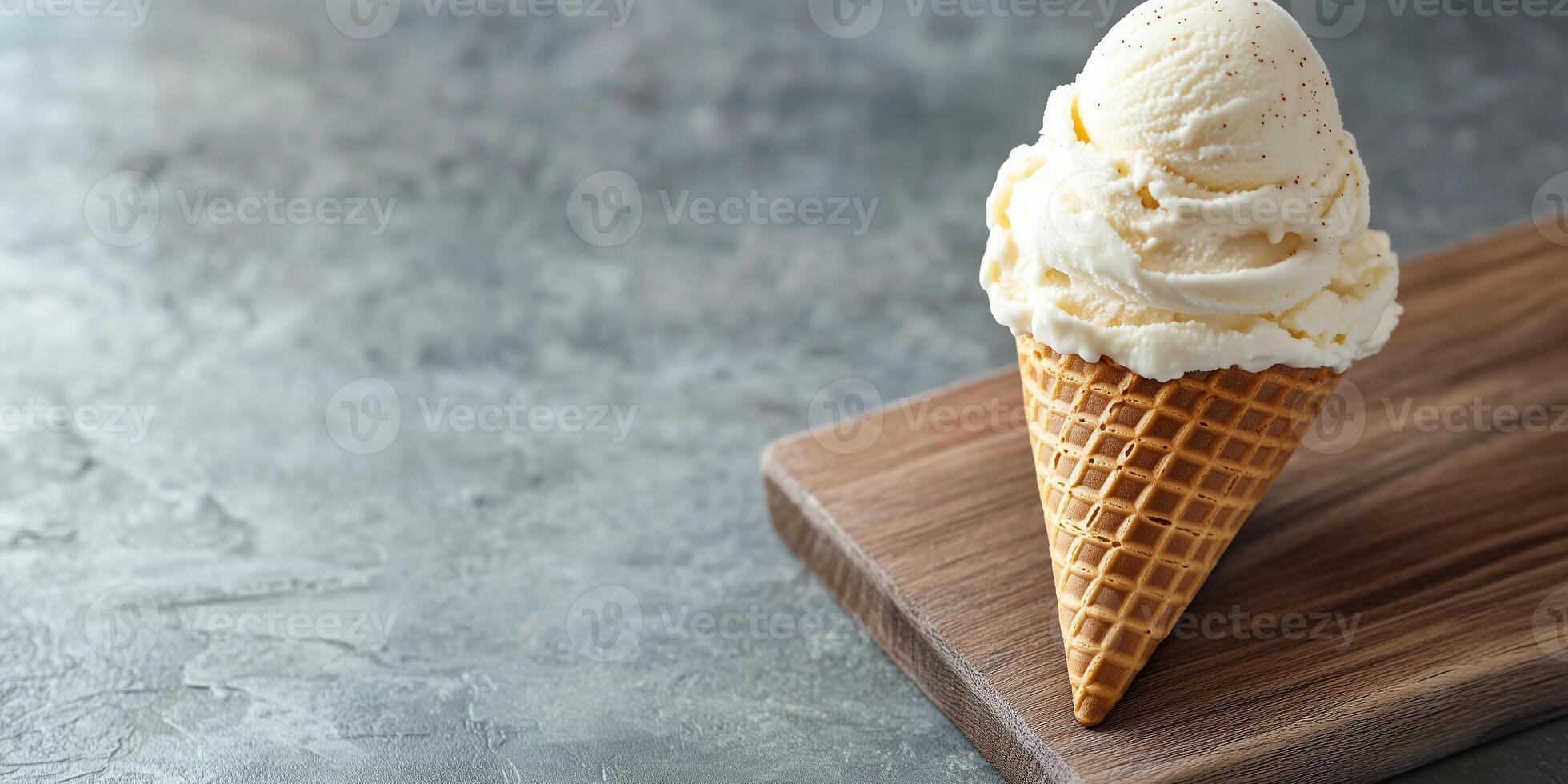 Vanilla ice cream cone on a wooden board, leaning slightly to one side, culinary photography photo