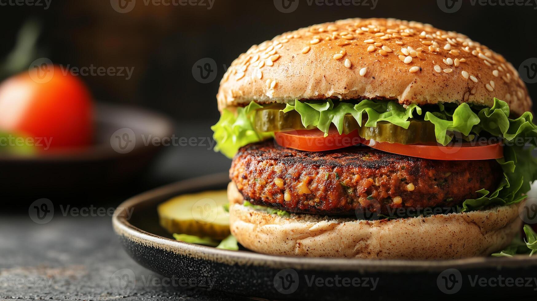 Veggie patty with lettuce, tomato, and pickles on a whole wheat bun on a plate, culinary photography photo