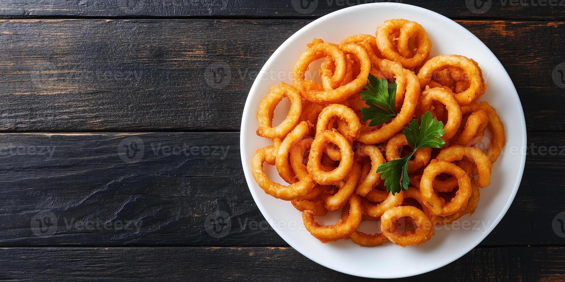 Curly fries on a white plate in circular pattern, culinary photography photo
