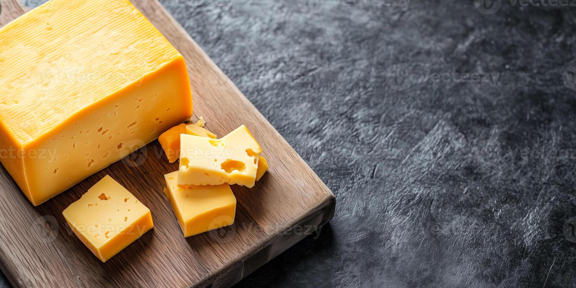 Whole block of cheddar cheese on a cutting board with a few slices removed, culinary photography photo