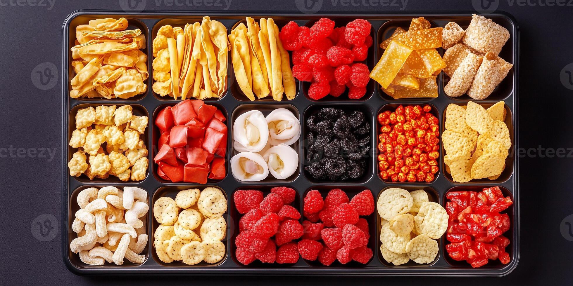 Array of small individual portions of snacks set on rectangular tray, culinary photography photo