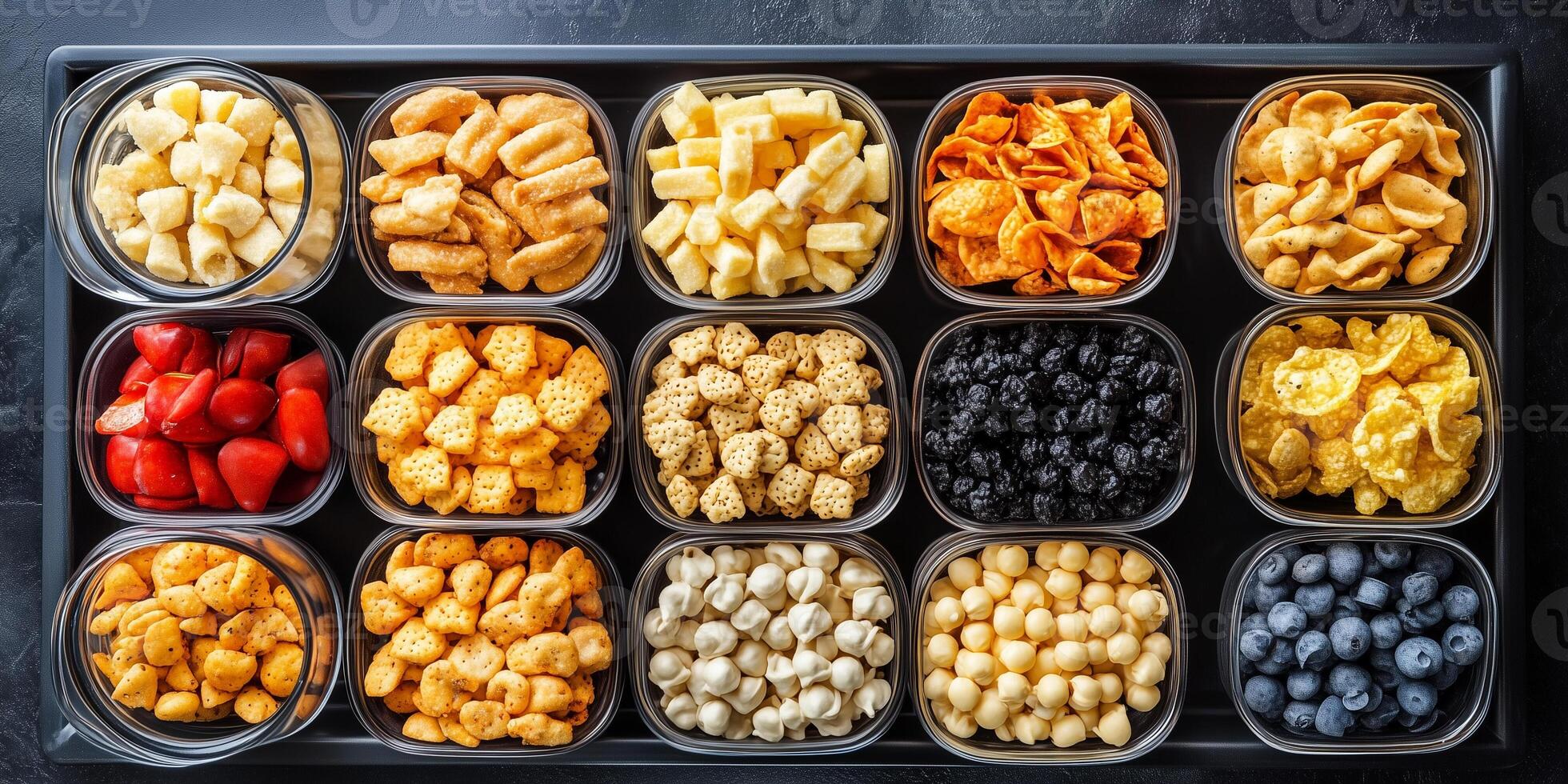 Array of small individual portions of snacks set on rectangular tray, food photography photo