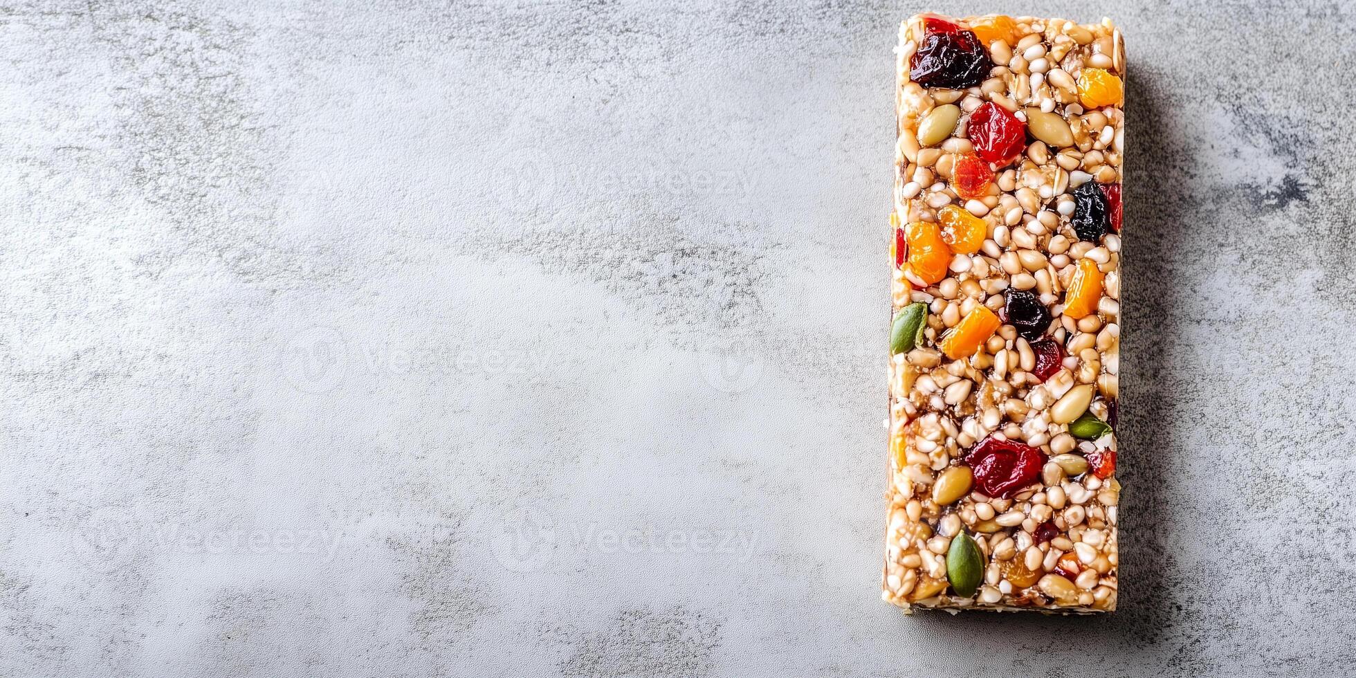 Energy bar with visible grains, seeds, and dried fruits on a flat surface, food photography photo