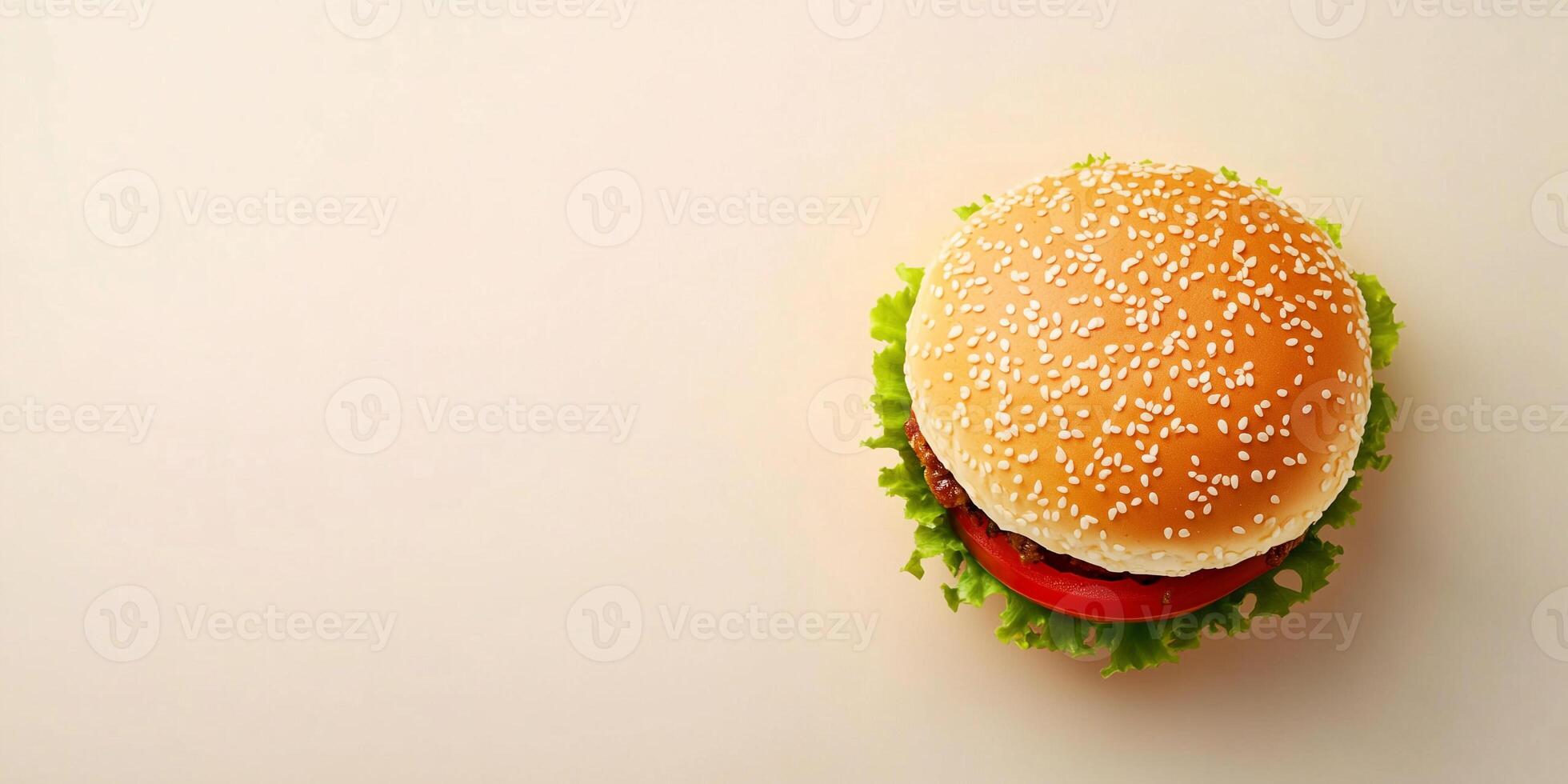 Assembled chicken burger, lying flat on a clean background, culinary photography photo