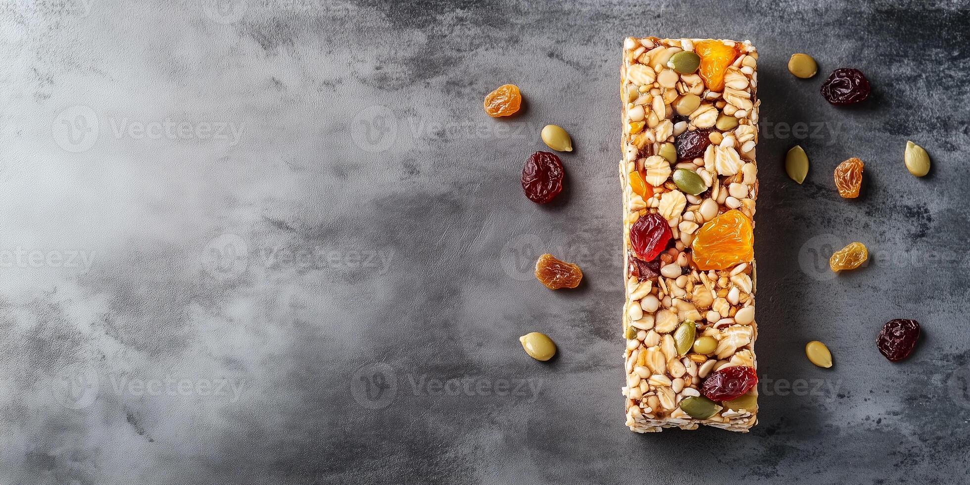 Energy bar with visible grains, seeds, and dried fruits on a flat surface, culinary photography photo