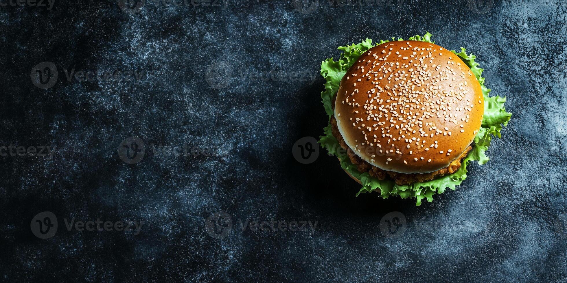 Assembled burger with a chicken patty, resting on a flat surface, food photography photo