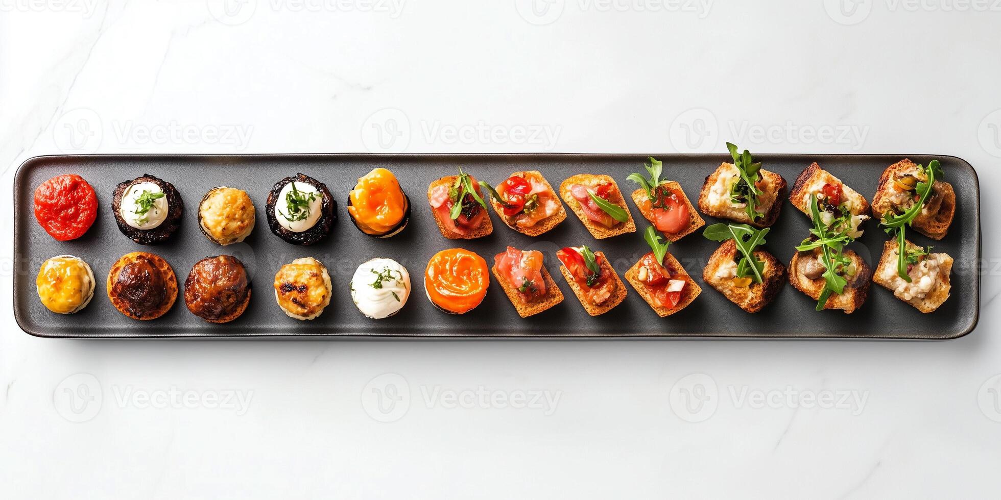 Bite-sized appetizers positioned evenly on long serving platter for presentation, culinary photography photo