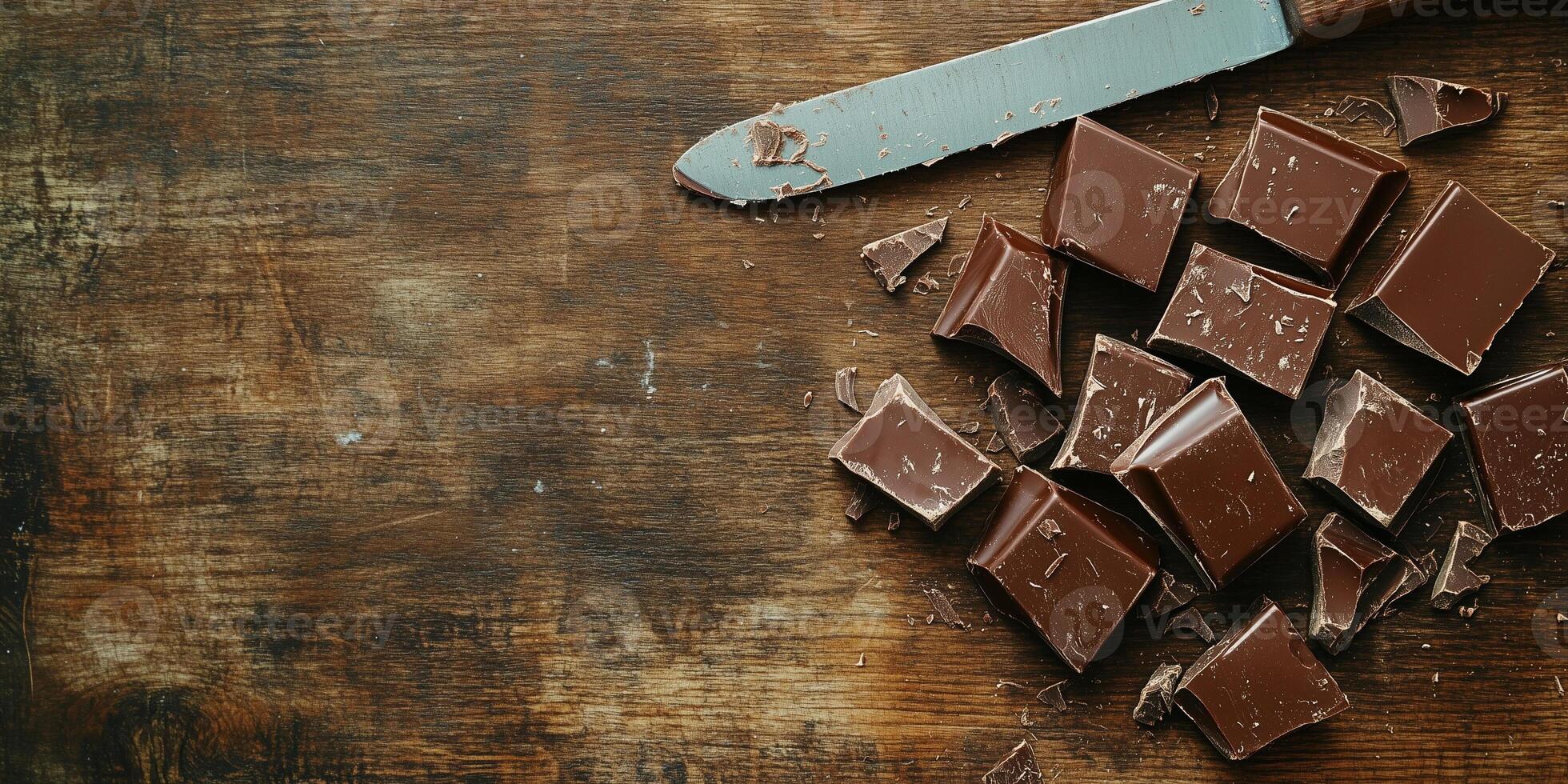 Broken chocolate bars scattered on a serving platter with nuts, culinary photography photo