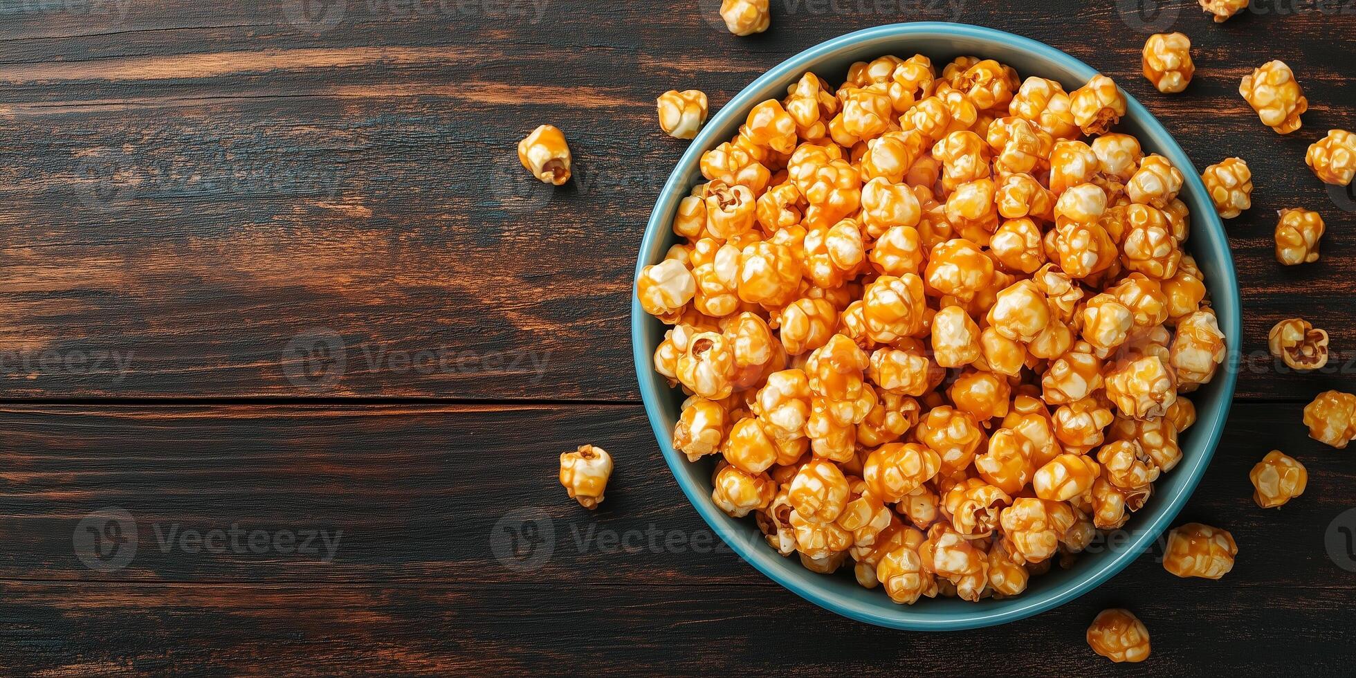 Caramel corn in a serving dish, with individual kernels clearly coated, culinary photography photo